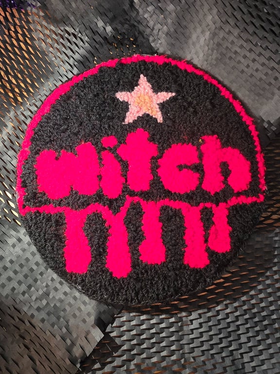 Large Red Witch and Pink Star Punch Needle Wall Hanging or Desk Rug