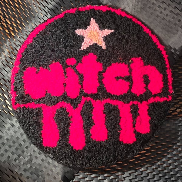 Large Red Witch and Pink Star Punch Needle Wall Hanging or Desk Rug