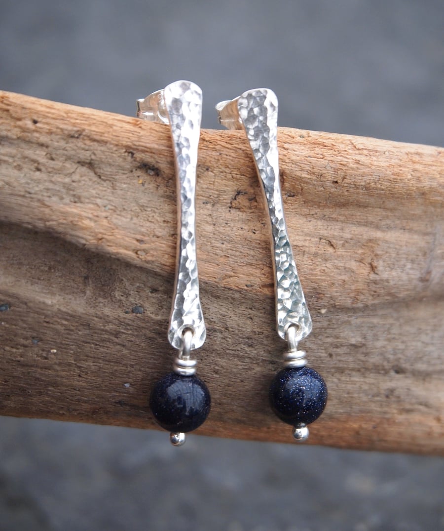 Forged silver and blue goldstone stud earrings