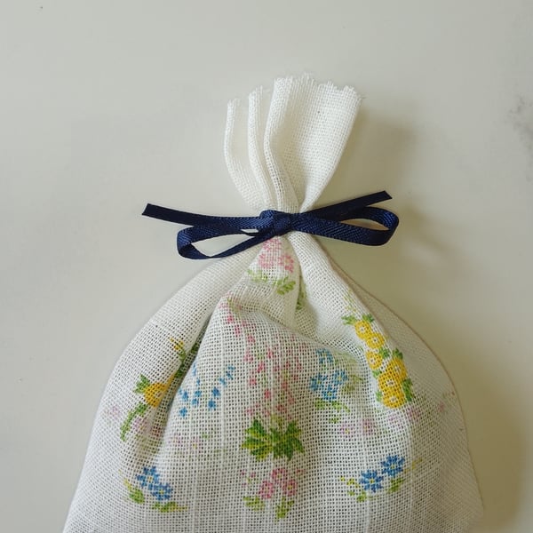 Floral, Cream Cotton, Handmade Lavender Bag With Blue Ribbon Tie