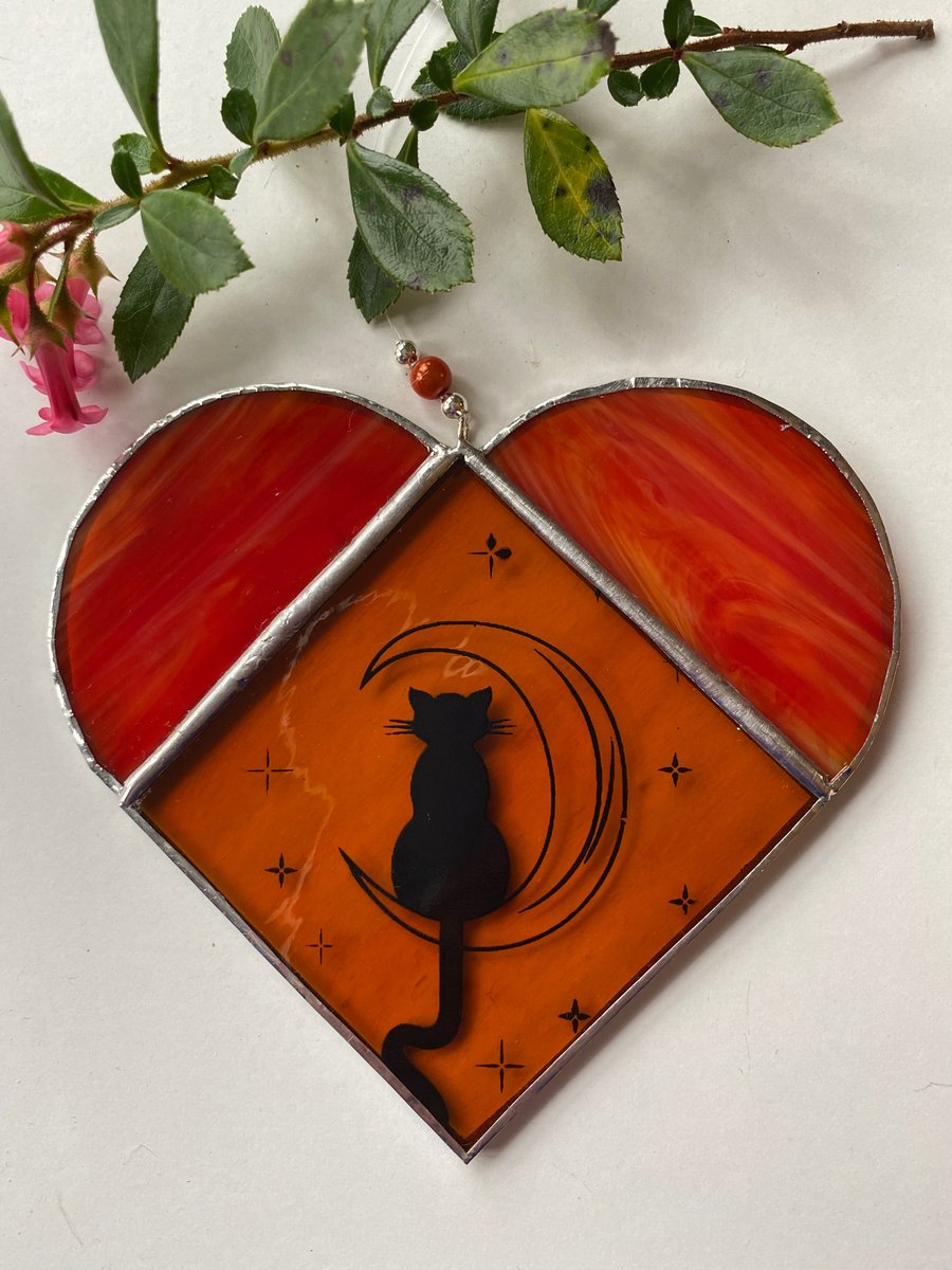 Stained Glass Cat Heart Suncatcher 