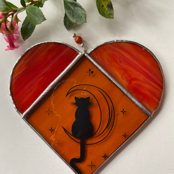 Stained Glass Cat Heart Suncatcher 