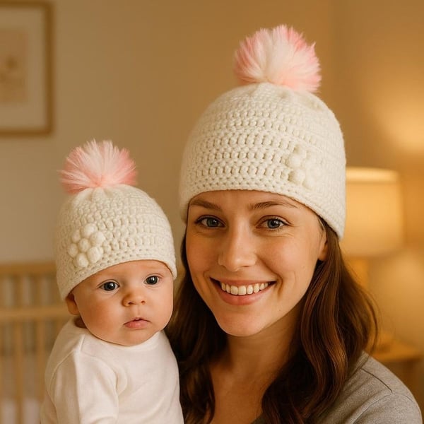 Matching ladies and baby white crocheted hats with detachable faux fur pompoms 