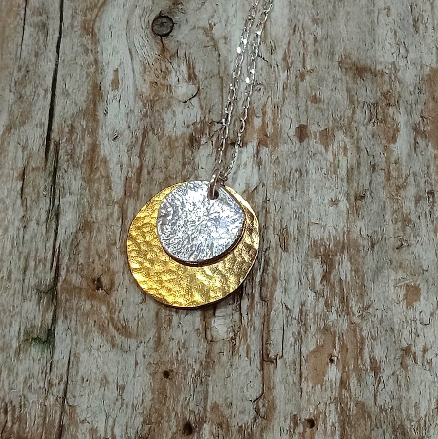 Reticulated Silver and Coloured Titanium Disc Pendant - UK Free Post