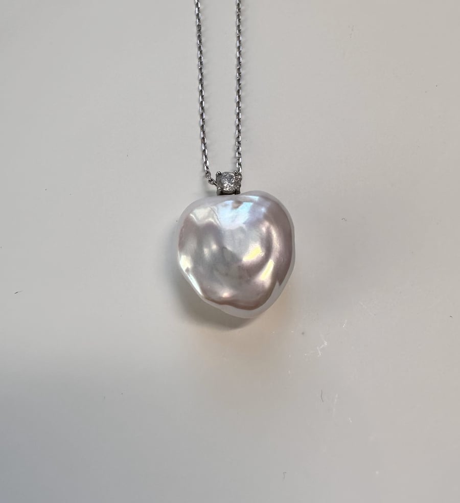 Jumbo Baroque Pearl Heart Pendant Necklace, 18K white gold filed Sterling Silver