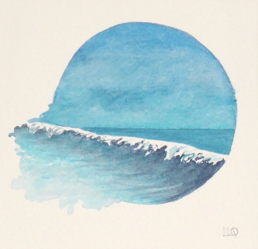 A breaking wave original watercolour painting vignette coastal view surf