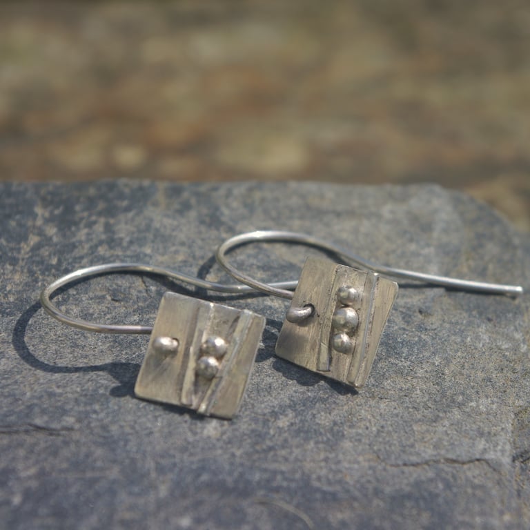 Silver Square Beach Pebble Earrings
