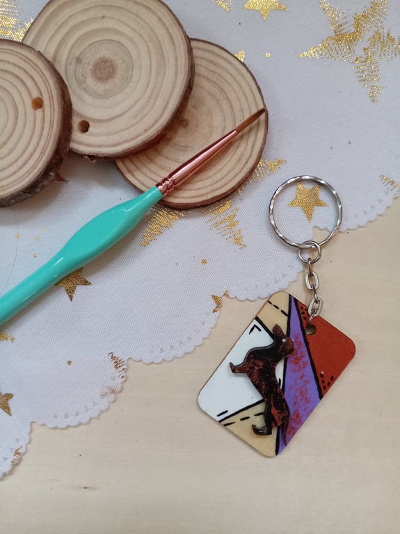 Wooden rectangular Dachshund keyring 