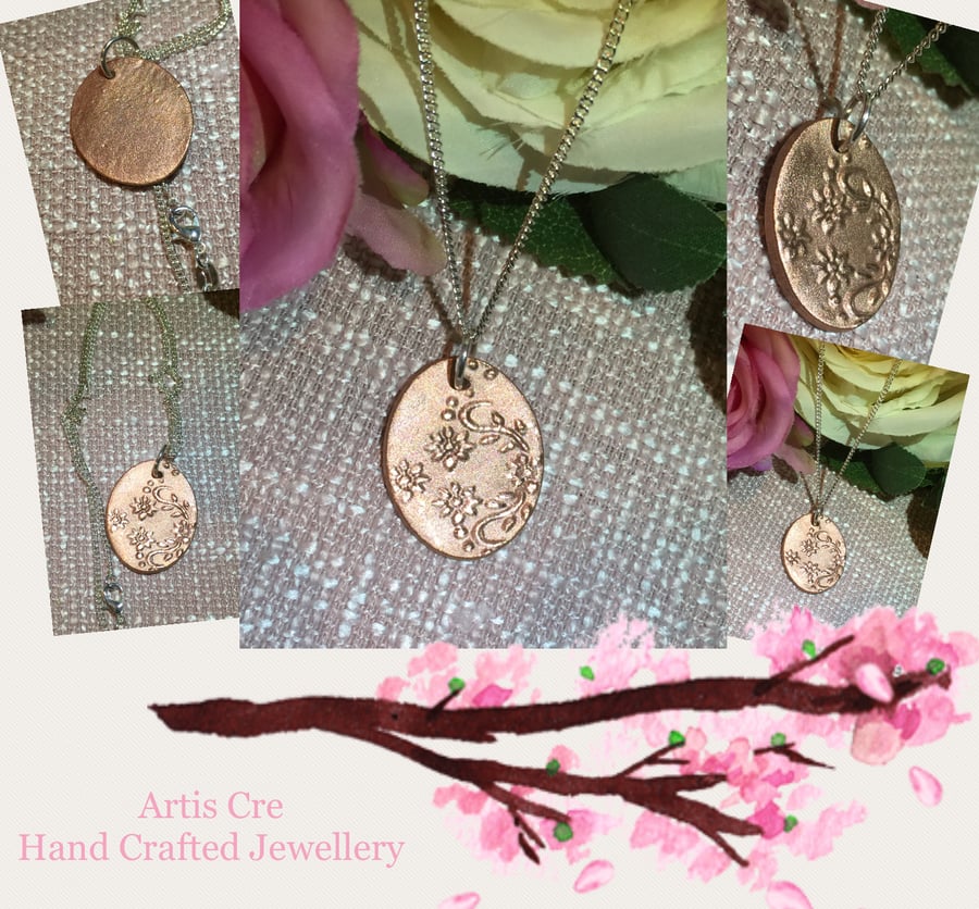 Hand crafted floral embossed oval Copper pendant sterling silver chain