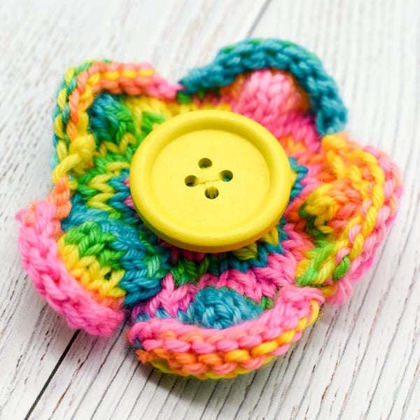 Hand knitted flower brooch pin - Multicolour neons