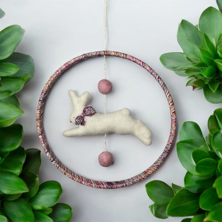 Hanging hoop decoration with running white felt rabbit, nursery decoration, pink