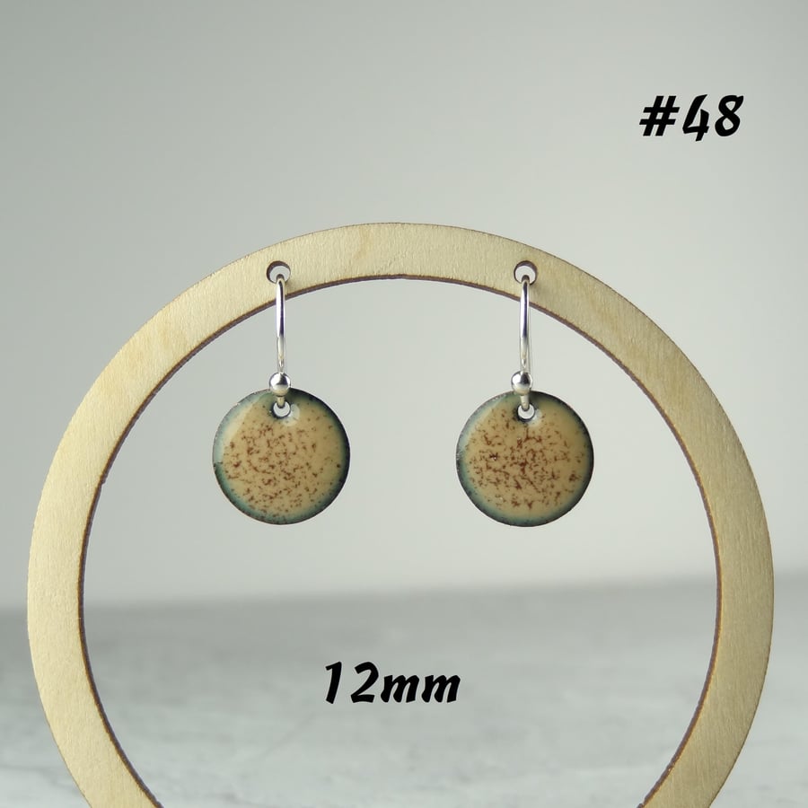 Speckled caramel coin round disc shaped glass enamelled copper earrings, 12mm