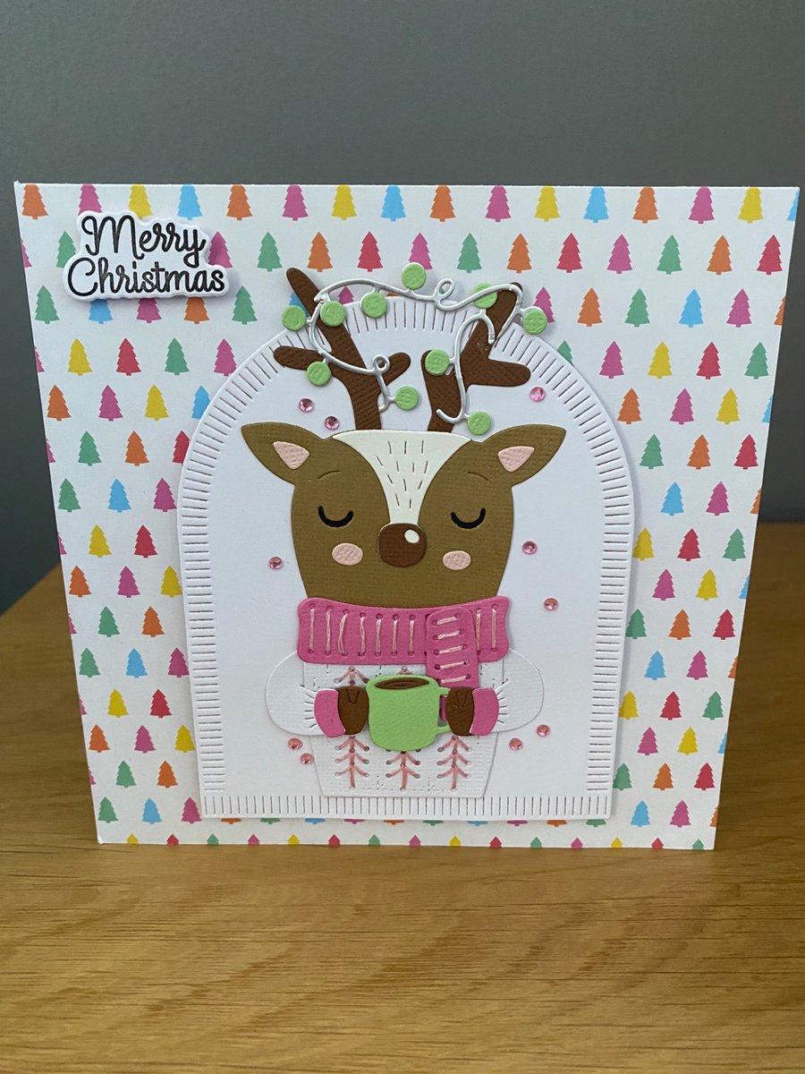 A handmade festive Reindeer Christmas card