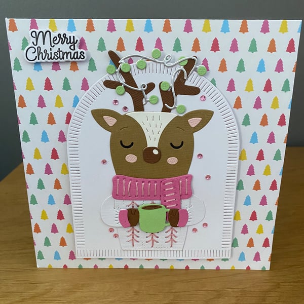 A handmade festive Reindeer Christmas card
