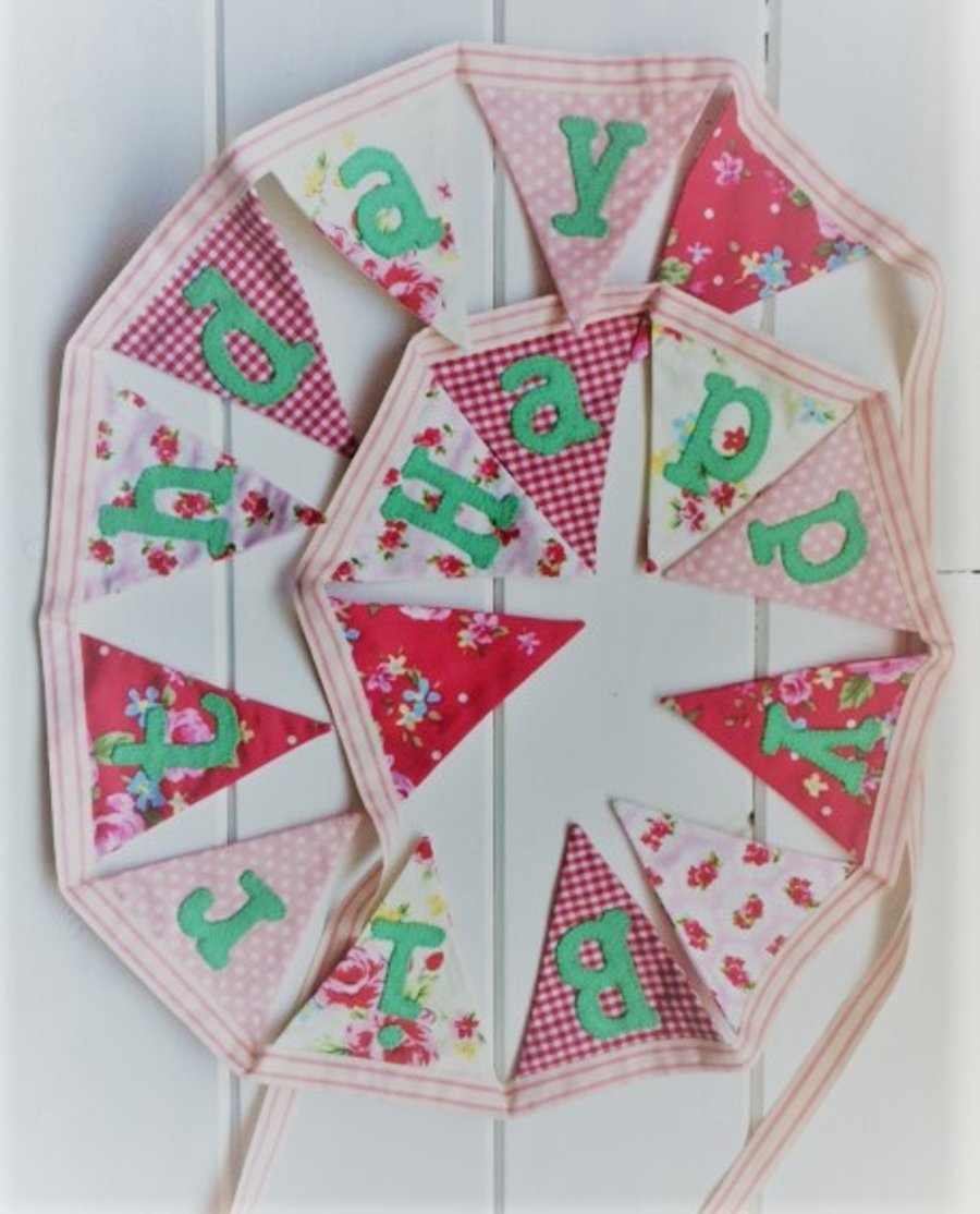 Mini 'Happy Birthday' bunting in pink, cream and green - sample piece