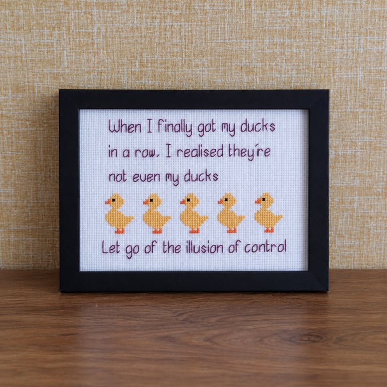 Ducks in a Row – Funny Handmade Cross Stitch Quote – Black Framed Gift 5x7