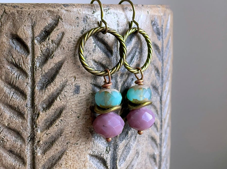 Lavender & Turquoise Glass Bead Earrings. Faceted Earrings. Brass Hoop Earrings