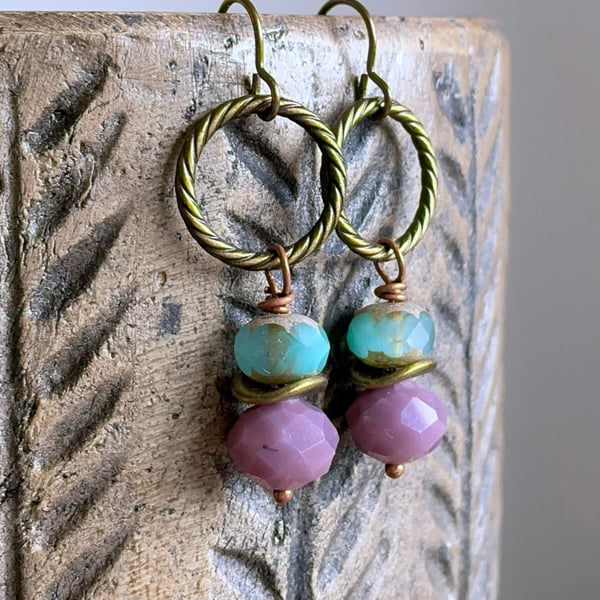 Lavender & Turquoise Glass Bead Earrings. Faceted Earrings. Brass Hoop Earrings