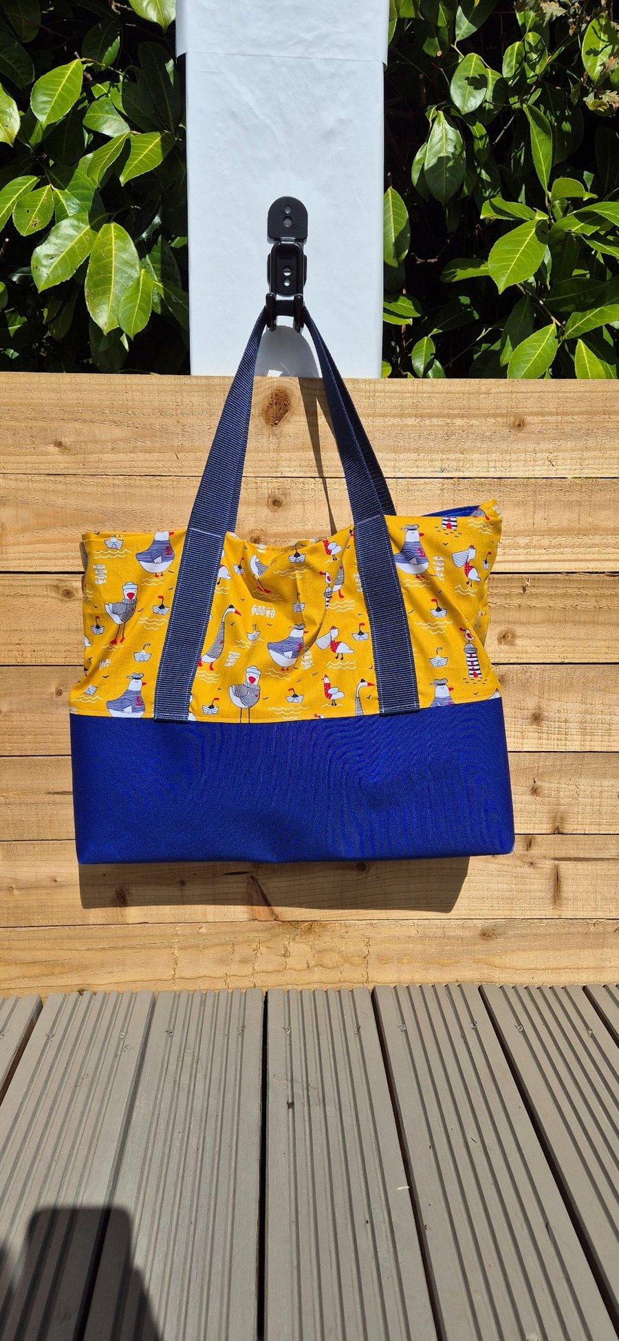 Handmade Nautical Tote Bag - Coastal Beach Shopper with Indigo Canvas Base