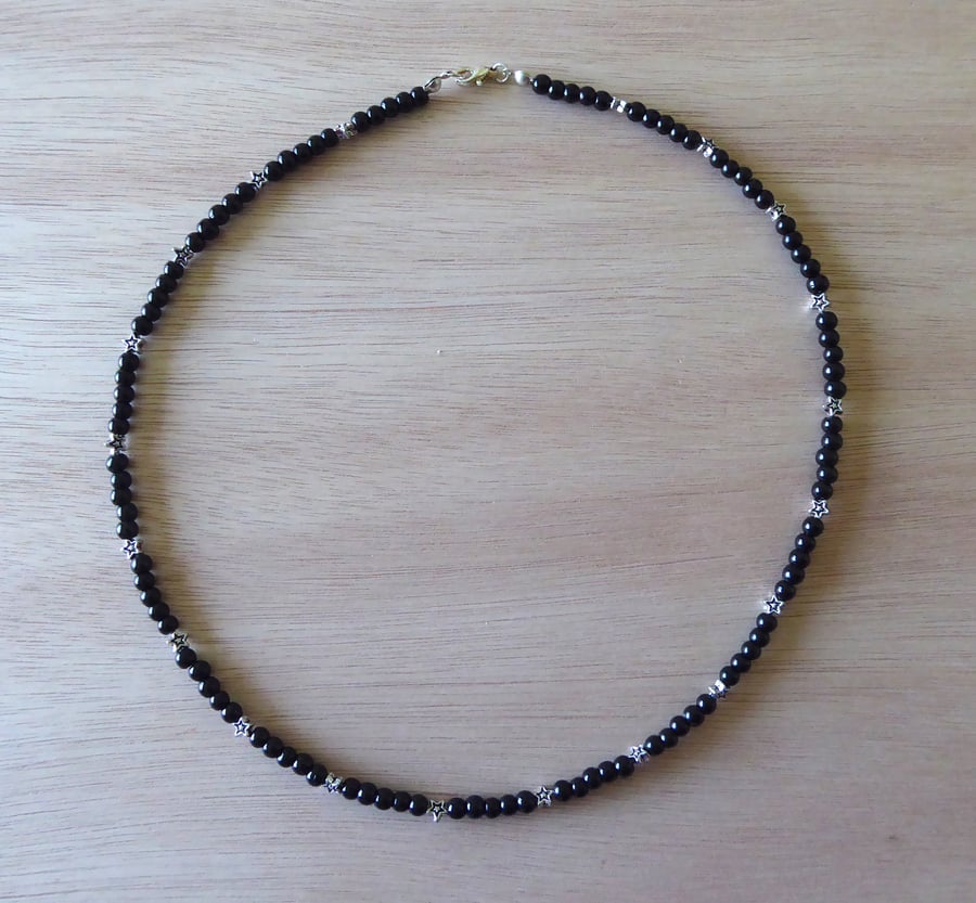 Delicate Black Bead Necklace with Silver stars