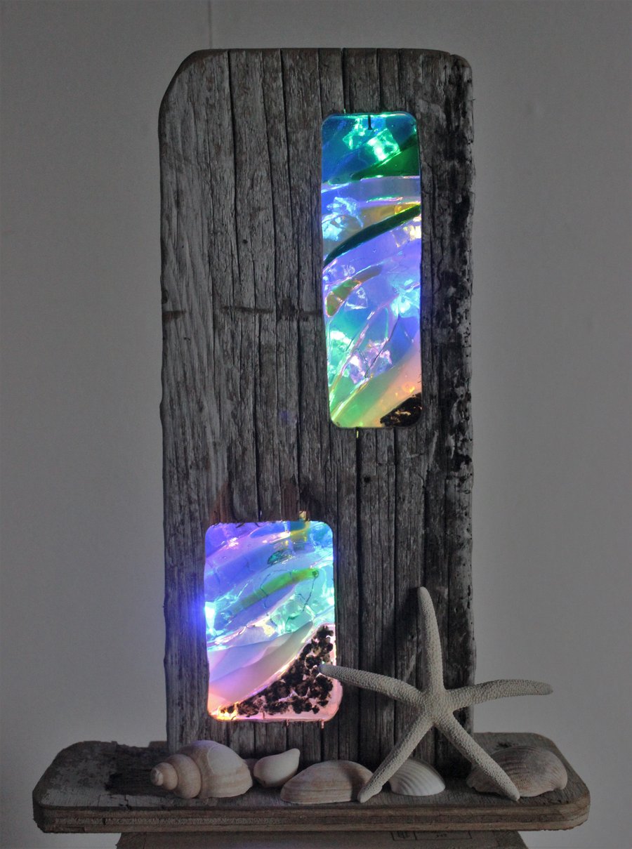 Driftwood & fused glass feature light (The Seashore)