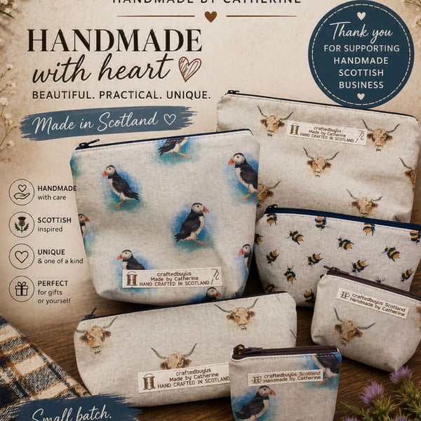 Linen blend lined Coin Pouches lined with Zips. Various sizes and designs
