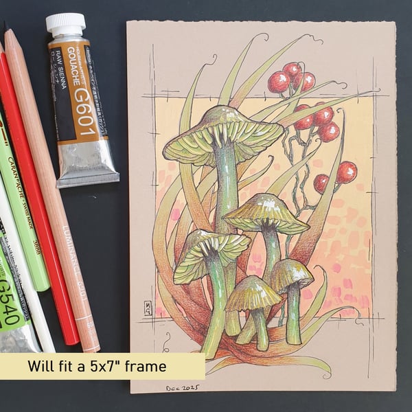 Parrot Waxcap Mushroom Illustration, original drawing, mushroom art