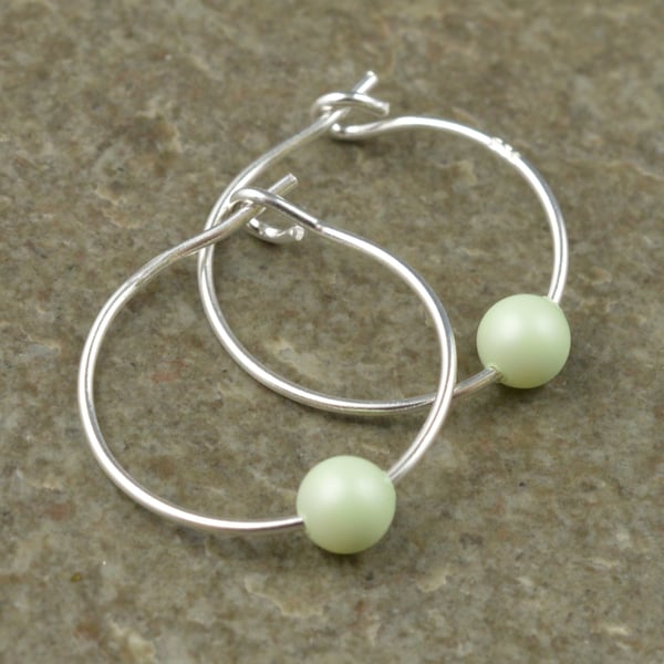 Boho Pastel Green Swarovski Crystal Pearl 15mm Sterling Silver Hoop Earrings