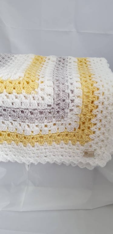 Handmade grey, white and lemon granny square baby blanket