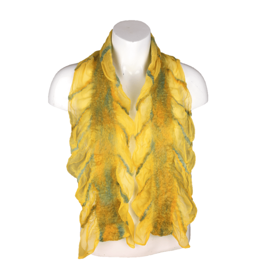 Yellow silk chiffon scarf with nuno felted panels in merino wool, gift boxed