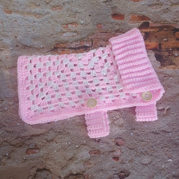 Pink white crochet pet coat, granny square small dog jacket