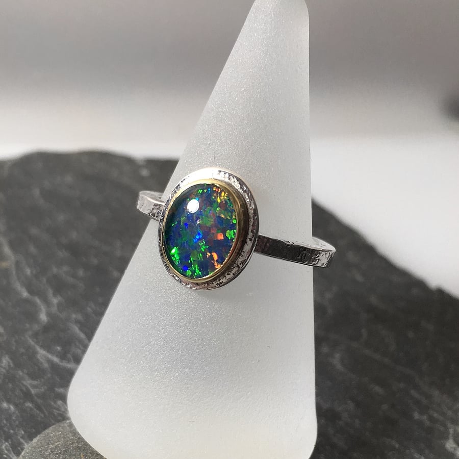 silver 18ct gold and natural black opal triplet ring UK size N and a half
