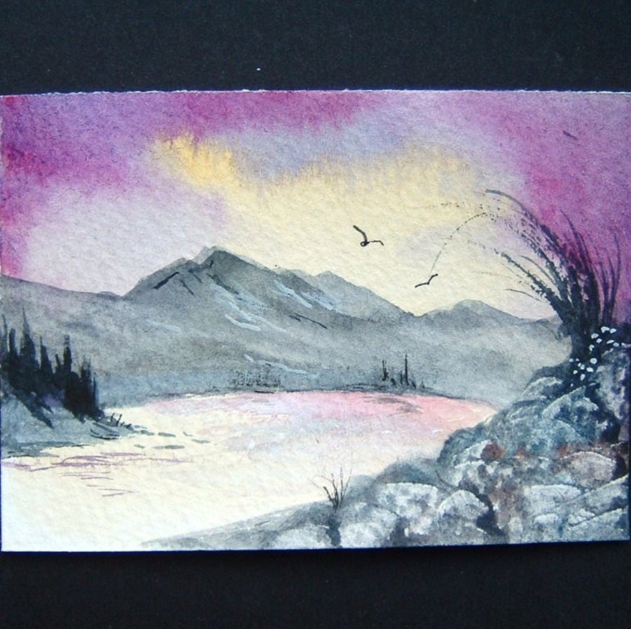 fantasy purple art painting original landscape aceo ref 37