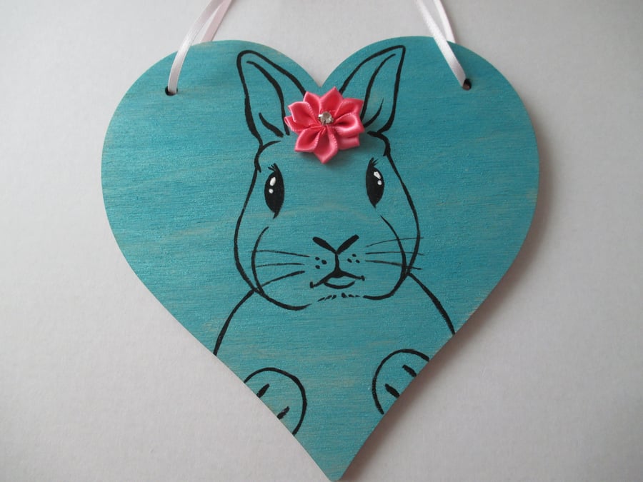 Bunny Rabbit Wooden Hanging Heart Decoration Painting Flower Picture