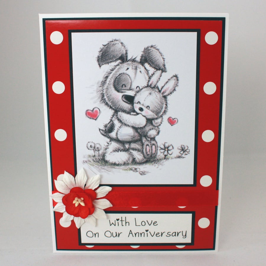 Cute dog and bunny anniversary card - on our anniversary
