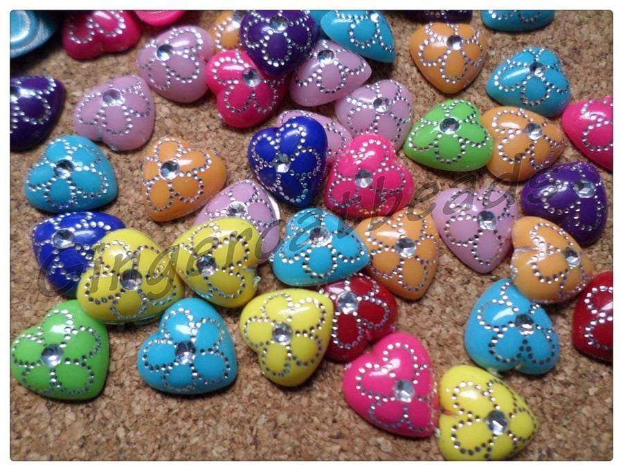 50 x Acrylic Cabochons - Metal Enlaced - Heart - 12mm - Mixed Colour 