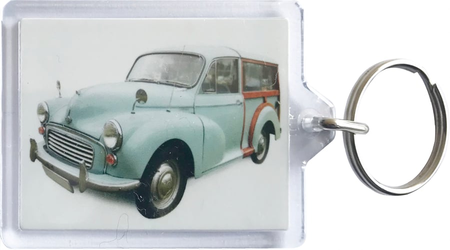 Morris Minor Traveller 1969 (Pale Blue) - Keyring with 50x35mm Insert - Car Fan