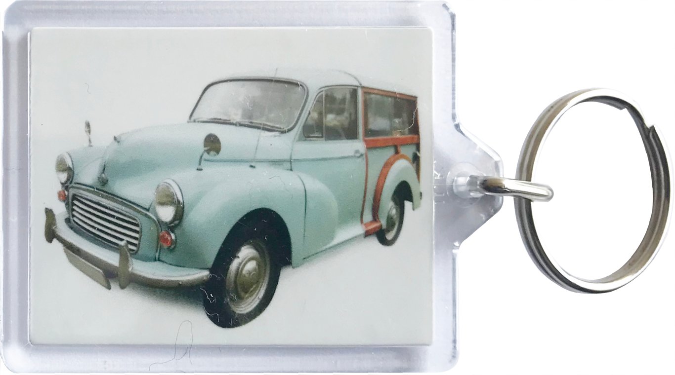 Morris Minor Traveller 1969 (Pale Blue) - Keyring with 50x35mm Insert - Car Fan