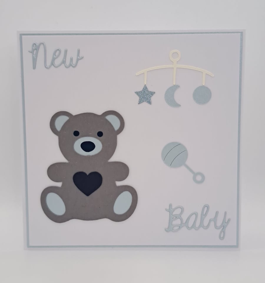 Handmade New Baby Card – Light Grey Teddy Bear - 5 x 5 Inch Square