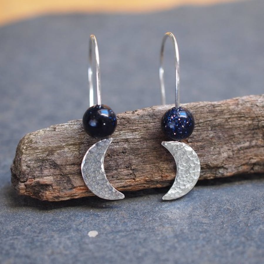 Silver moon earrings, Silver crescent moon earrings, midnight blue, handmade 