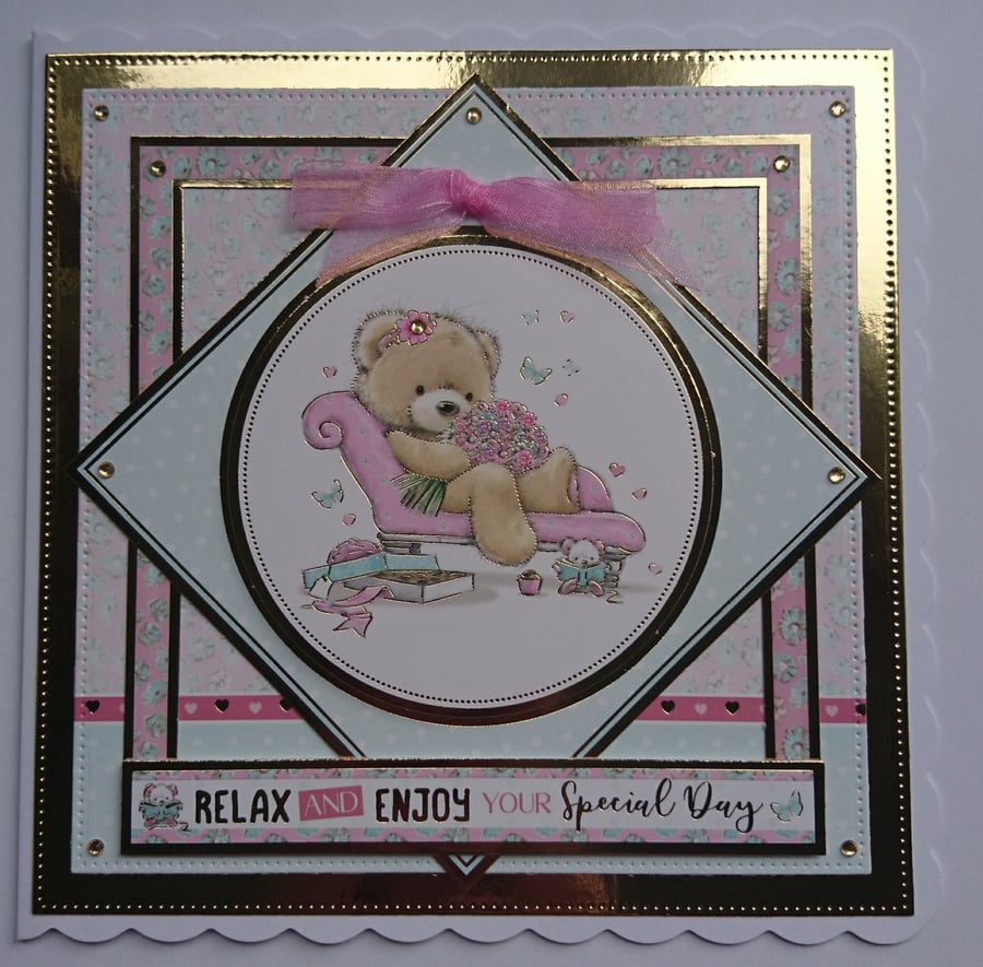 Birthday Card Mother's Day Card Teddy Bear on Chaise Lounge Flowers
