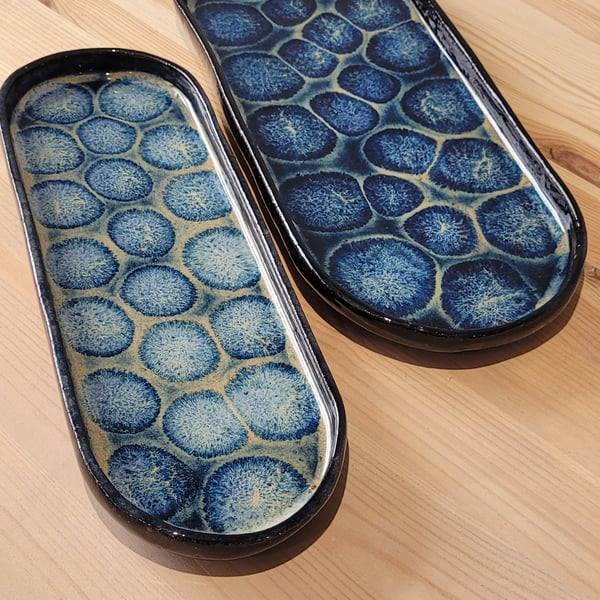 Set of two blue patterned baguette shaped platters handmade pottery