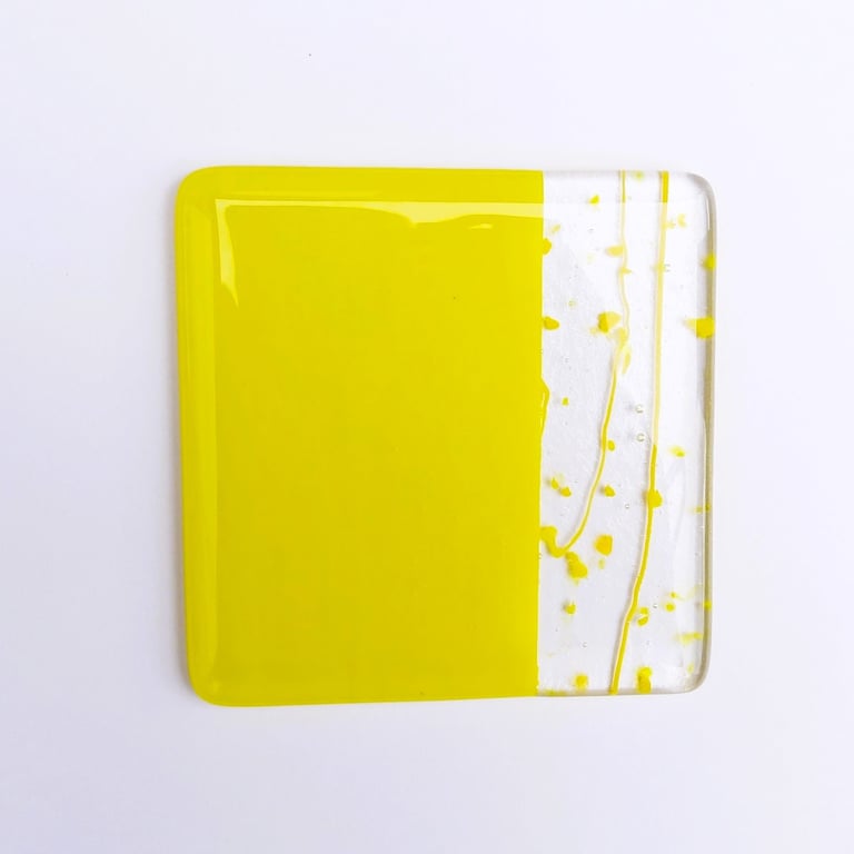 Yellow collage fused glass coaster, 9cm, 6mm thick, handcrafted (0118)
