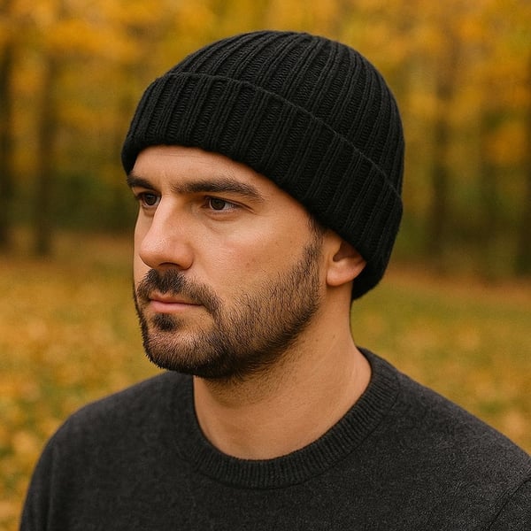 Hand-Knitted Black Winter Beanie, Unisex Ribbed Knit Hat, 