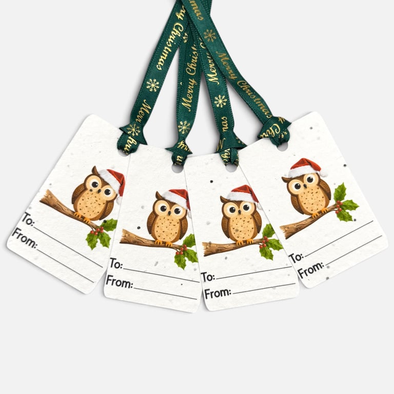 Set of 4 Plantable Christmas Gift Tags, Wildflower Seed Paper, Festive Owl Tags
