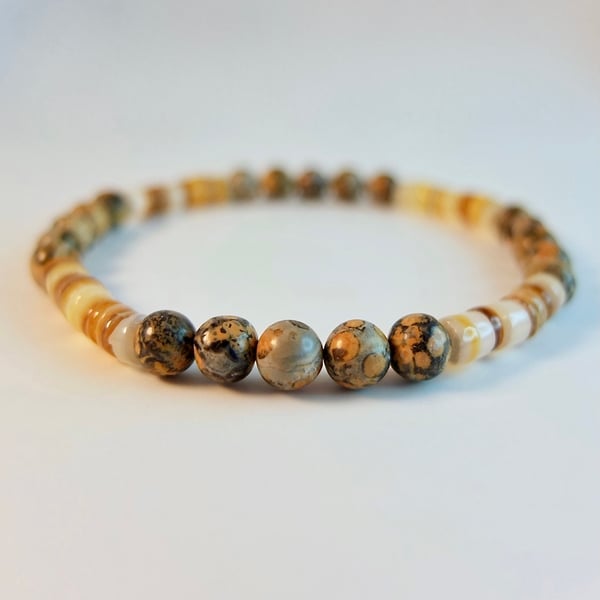 Leopardskin Jasper & Shell Bracelet - Larger Wrist Size -Men - Father's Day Gift