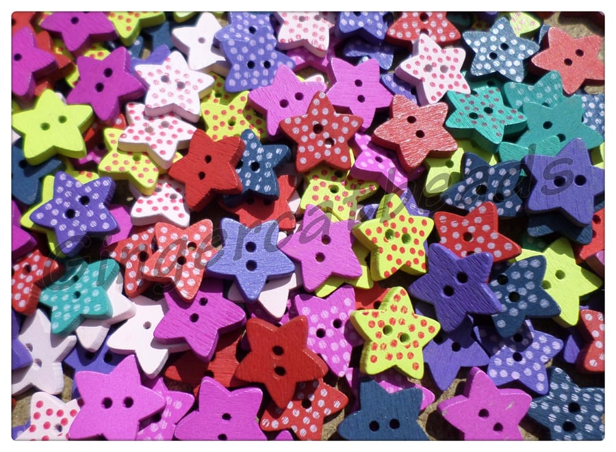50 x 2-Hole Painted Wooden Buttons - Polka Dot - Star - 15mm - Mixed Colour
