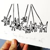 Tiny Dogs on Leads - lino print