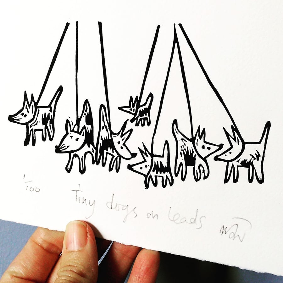 Tiny Dogs on Leads - lino print