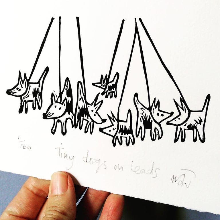 Tiny Dogs on Leads - lino print